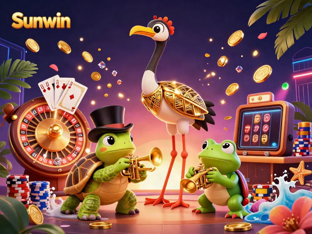 Experience the excitement of Sunwin with vibrant characters and casino elements in this dynamic illustration.