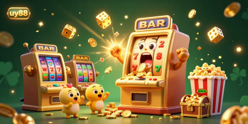 Experience the excitement of uy88 with a dynamic jackpot scene featuring cheerful slot machines and vibrant casino elements.