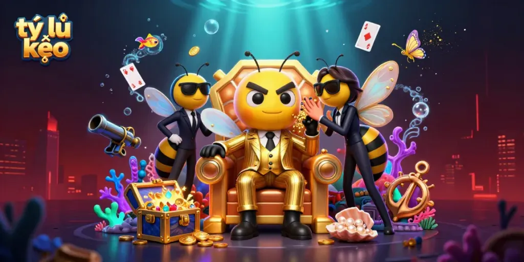 Engage with tỷ lệ kèo in this vibrant 3D illustration depicting a cartoon bumblebee mob boss surrounded by treasure and action elements.
