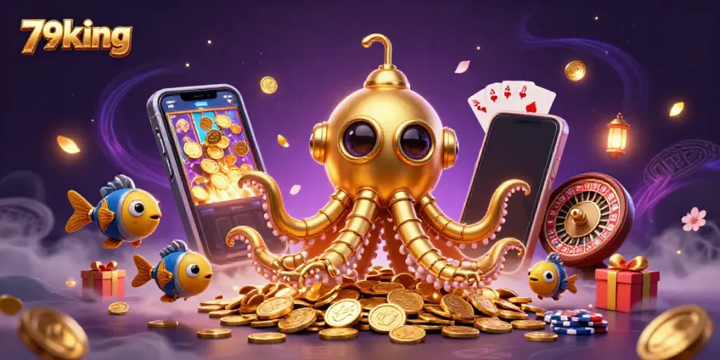 Engage with the thrilling 79king online casino, featuring a golden kraken submarine amid a sea of treasures.