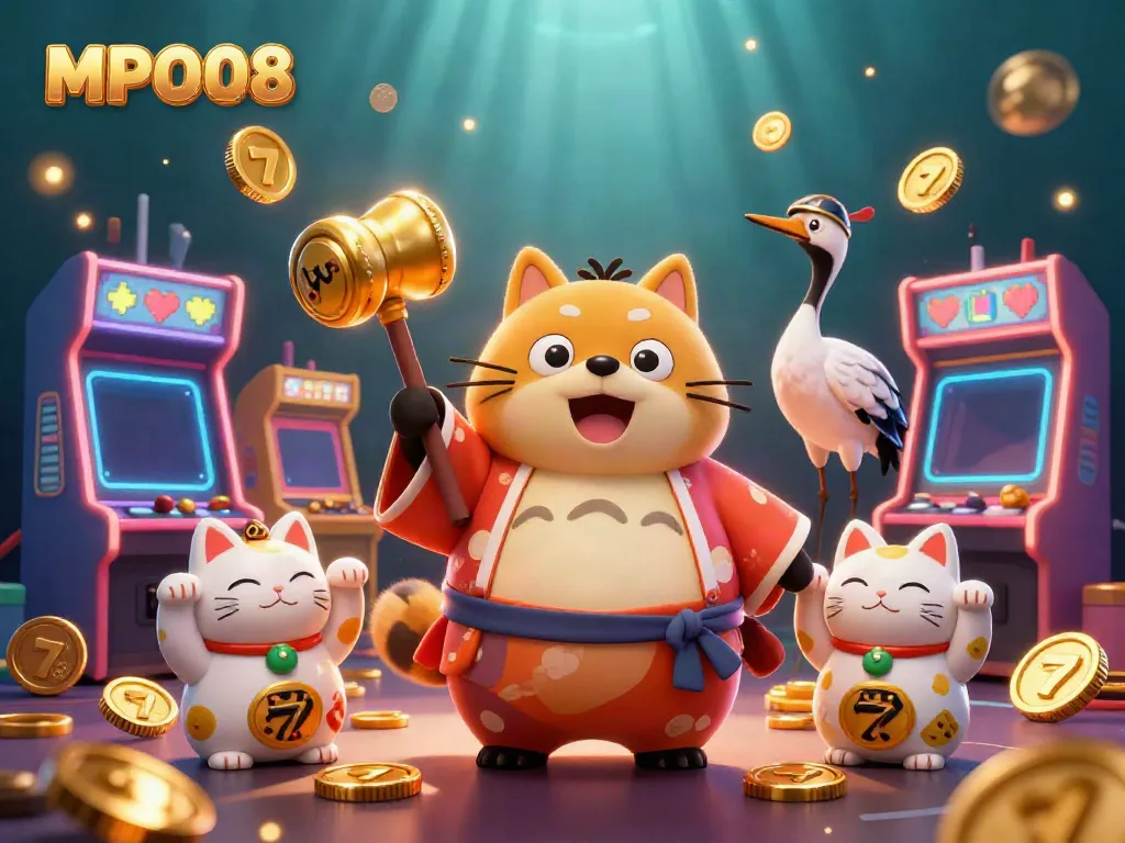 MPO08’s vibrant scene celebrates wins with slots and playful characters in a lively gaming atmosphere.