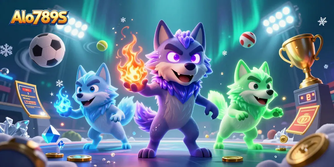 Alo789S showcases a vibrant 3D gaming scene featuring ghostly wolves and dynamic sports elements.