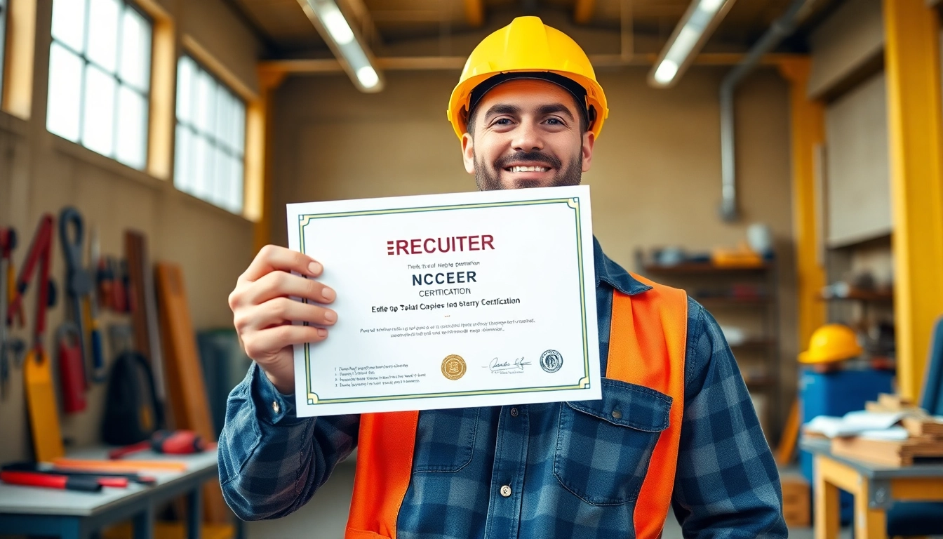 NCCER certification proudly held by a construction worker in a bright workshop to showcase achievement.