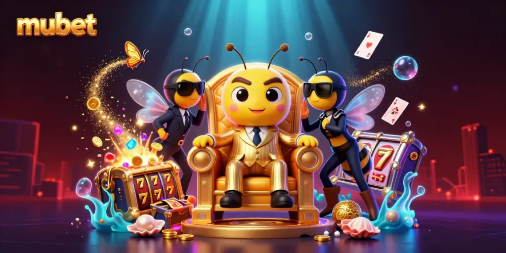 Experience winning thrills at mubet with an exciting casino-themed illustration featuring unique characters and dynamic gameplay elements.