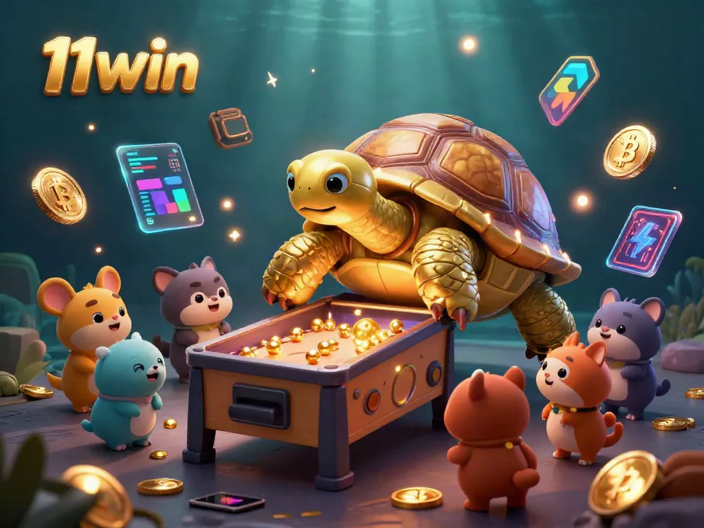 Experience thrilling gameplay at 11win with vibrant 3D casino elements and a whimsical tortoise character.