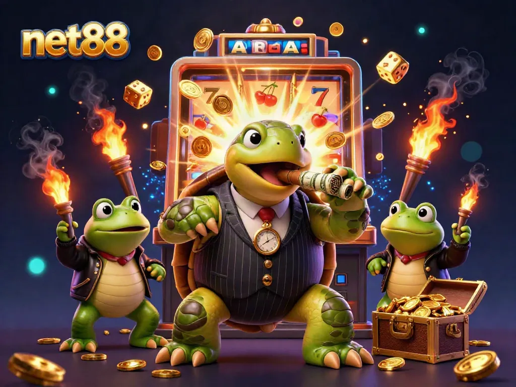 Win big at net88 with a vibrant casino scene featuring a turtle mobster and vibrant game elements.