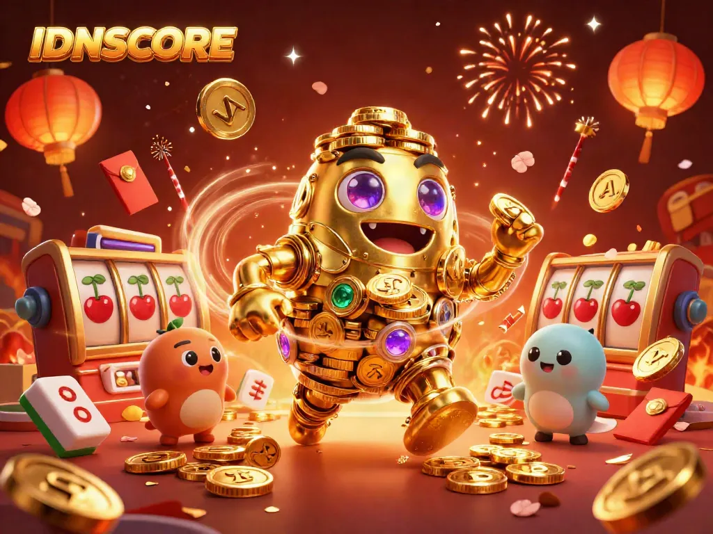 IDNSCORE highlights slot gaming with a golden golem, dynamic elements, and festive decor.
