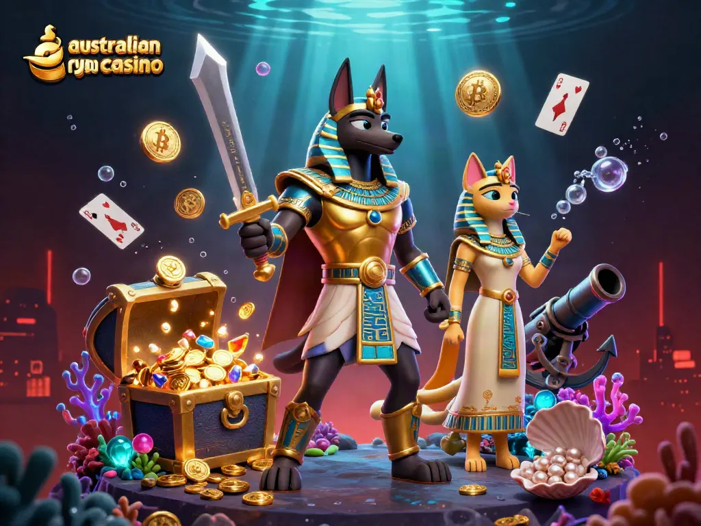 Engage in thrilling gaming at the australian crypto casino with vibrant characters and gold coins.