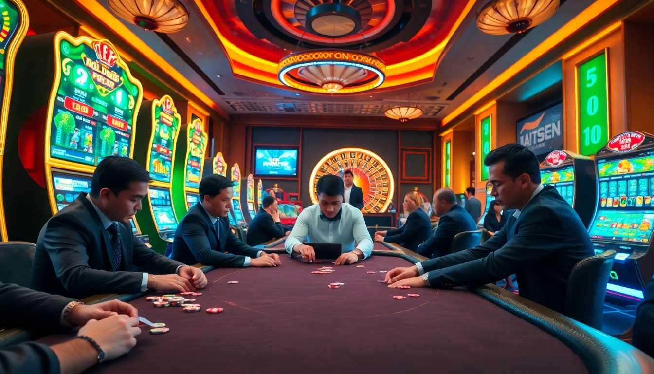 Exciting scene at a casino featuring players engaging at the trang chỉ tg88 poker table and vibrant slot machines.