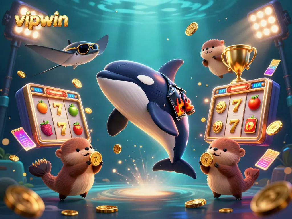 Engaging vipwin-themed casino illustration featuring an orca, stingray, and otters in a dynamic settings.