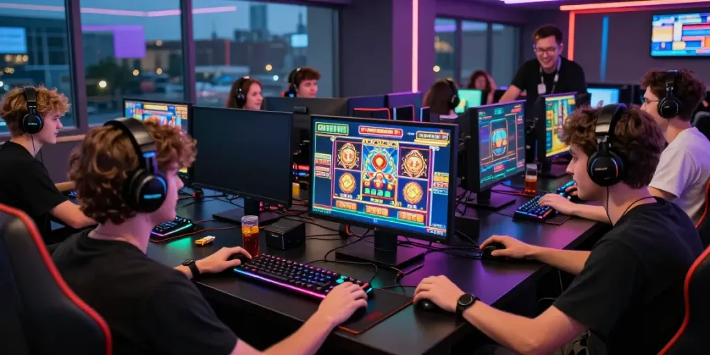 Exciting group gaming session focused on qqmacan slot games in a modern lounge.