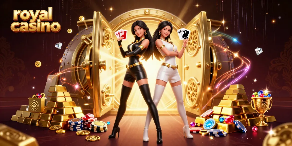 Experience the thrill of royal casino gaming with stunning visuals of twin Asian women and vibrant casino elements.