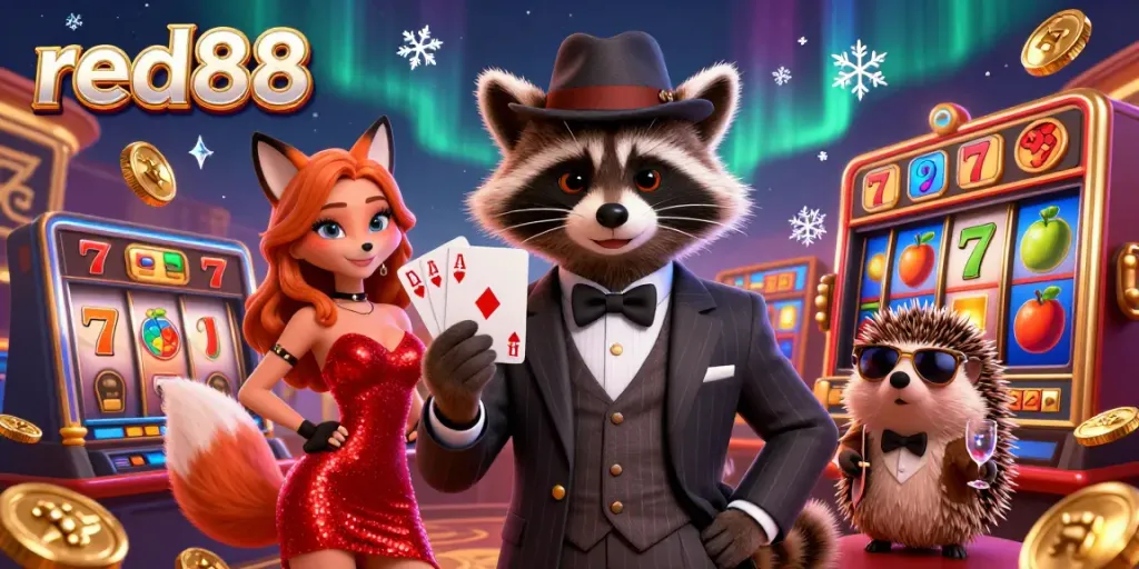 Engage with red88 in an ultra-detailed 3D casino scene featuring a raccoon with a royal flush, showcasing vibrant elements.
