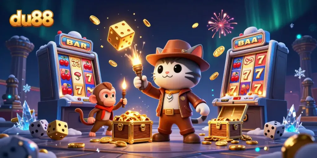 Engage with du88's thrilling adventure, featuring a cat explorer and monkey in a vibrant casino setting.
