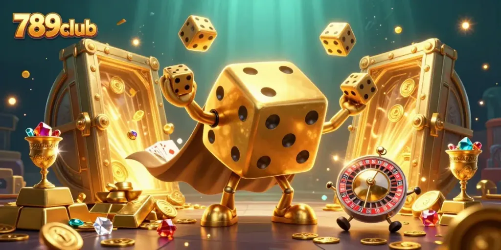 Experience the excitement of 789club with a vibrant 3D casino scene featuring dynamic characters and golden treasures.