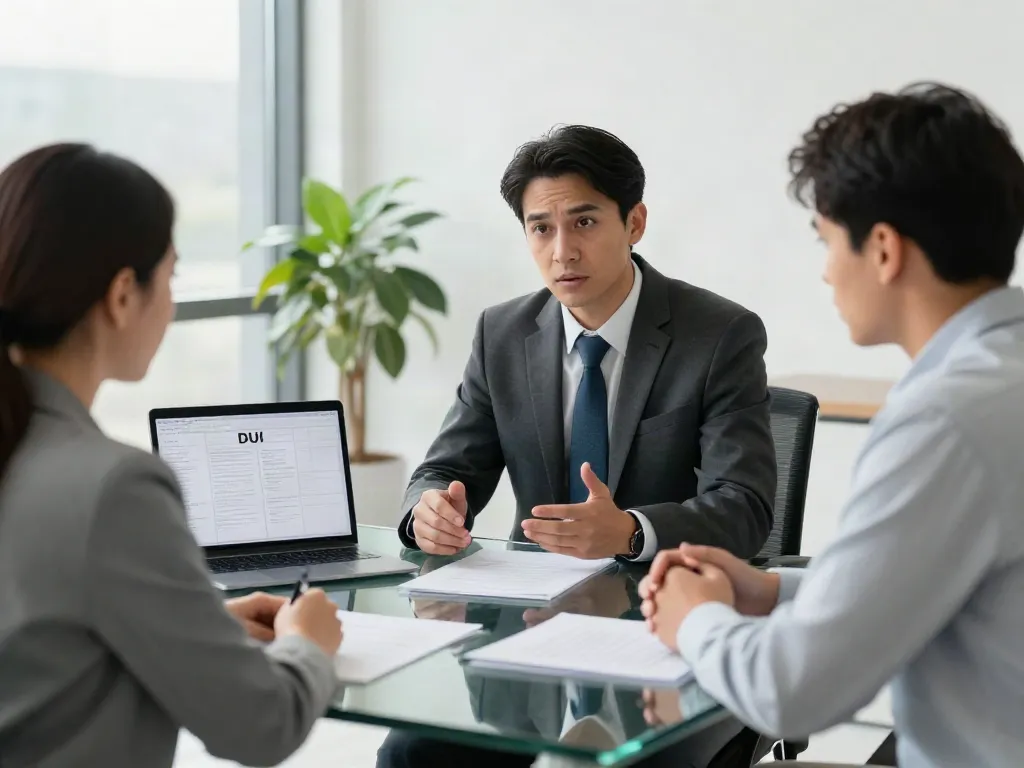 Cherokee County DUI reports consultation with Atlanta DUI lawyer in a bright law office.