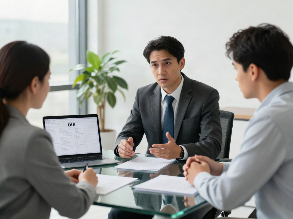 Cherokee County DUI reports consultation with Atlanta DUI lawyer in a bright law office.