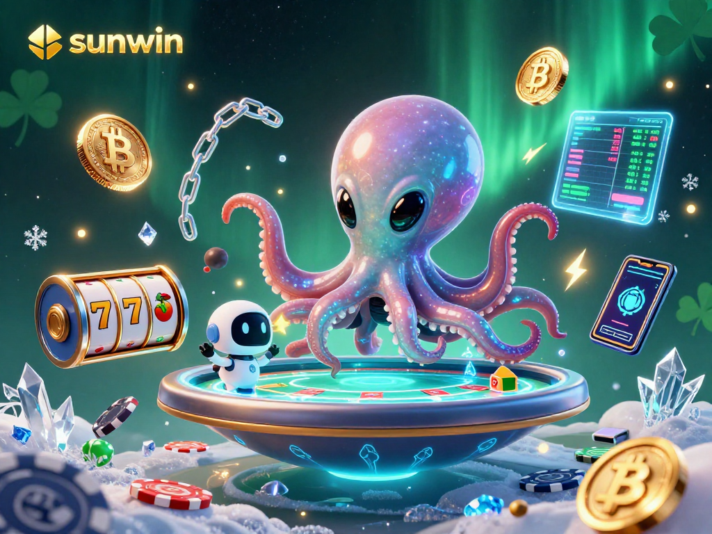 Experience the excitement at sunwin with a cartoon alien octopus hosting a holographic poker table.