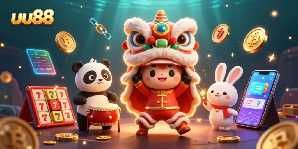 Experience the festive energy of uu88 with a lively lion dance and exciting slot elements in this vibrant illustration.