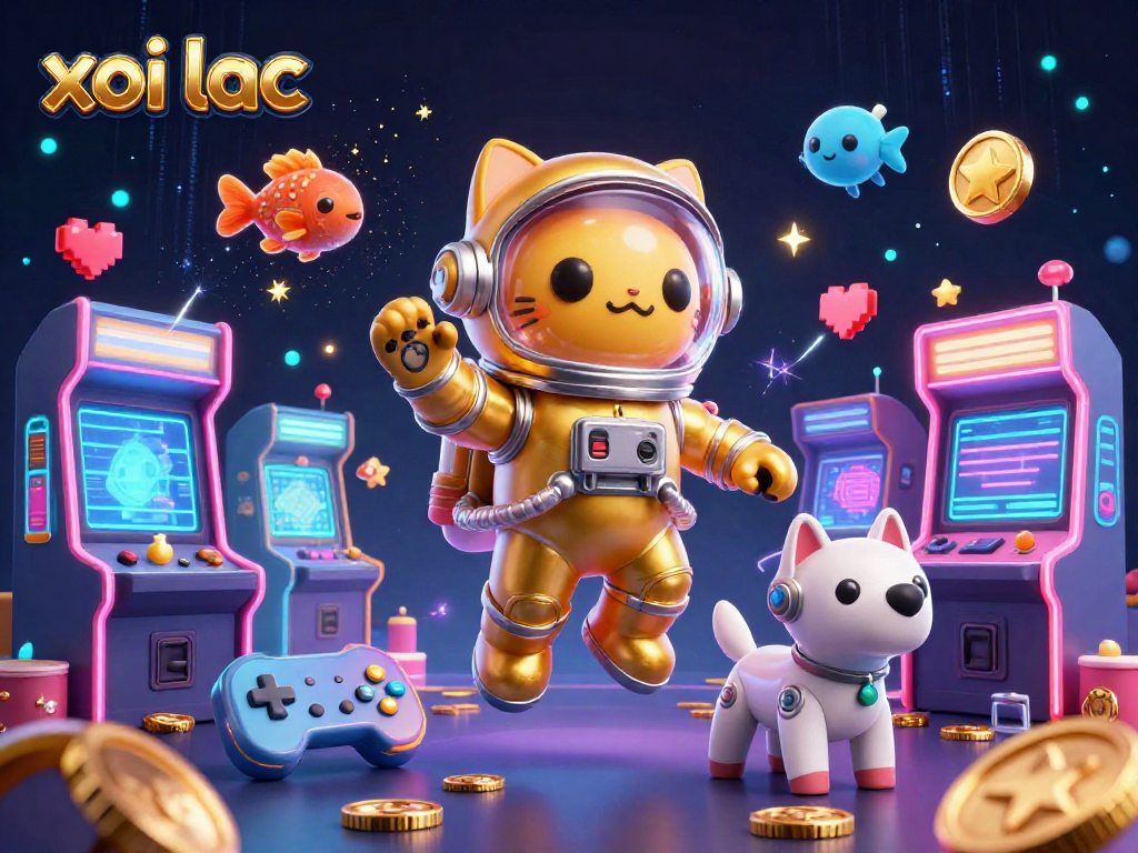xoi lac gaming cat and robot dog compete in a dynamic 3D arcade experience with vibrant colors