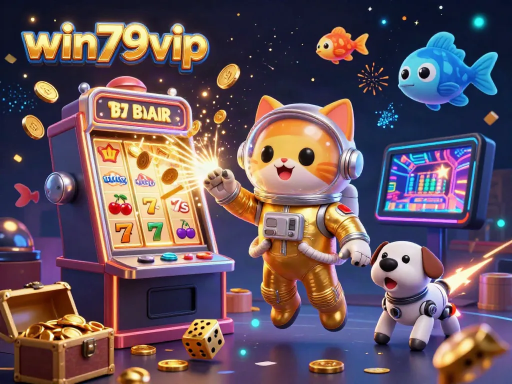 Engage in thrilling gameplay with win79vip, featuring a vibrant 3D casino scene of floating characters and exciting game elements.