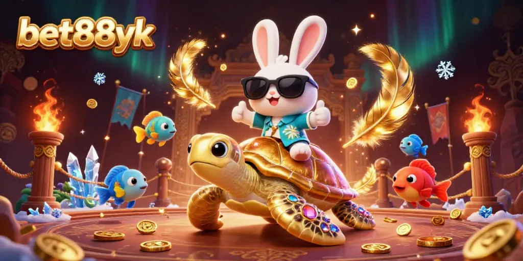Experience thrilling action with bet88yk's lucky rabbit and golden turtle in a vibrant casino scene.