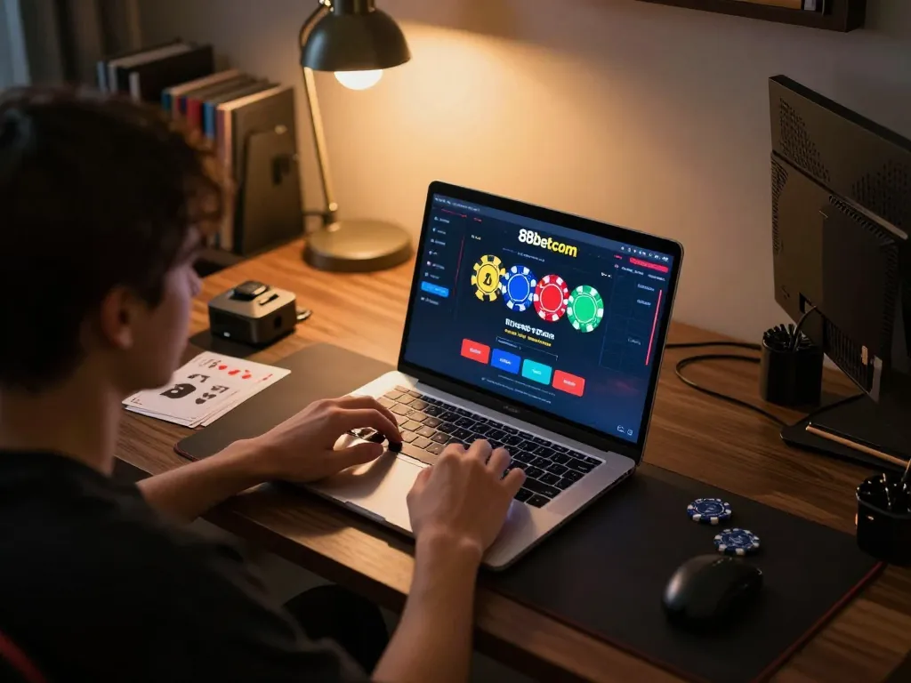 Engaged player enjoying poker on 88betcom's online platform, showcasing a strategic gaming moment.