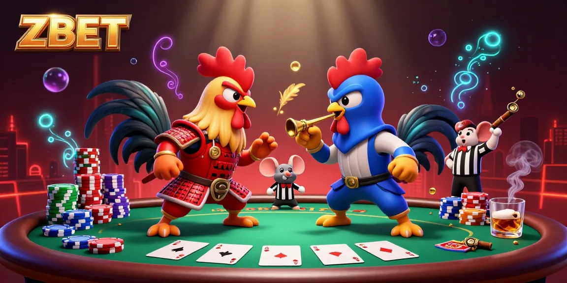 ZBET players engage in a thrilling poker showdown with fighting roosters and vibrant game elements.