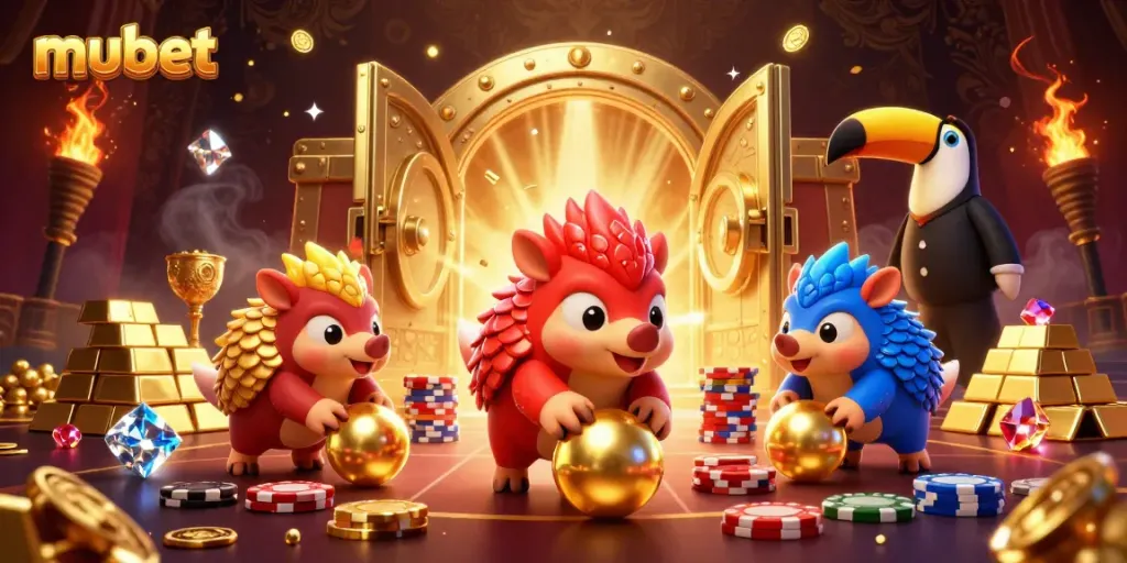Engage in the thrilling mubet casino gaming experience with lively pangolins amidst dazzling gold.
