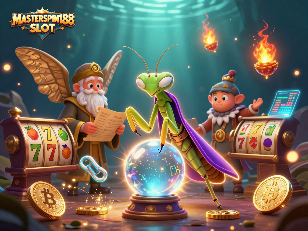 Spin the MASTERSPIN188 SLOT with vibrant characters and crypto elements in a dynamic casino scene.