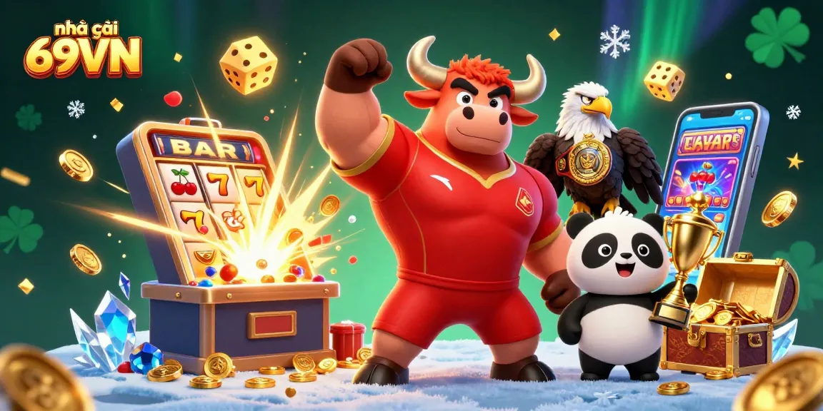 Engage with nhà cái 69VN's vibrant casino world as illustrated by victorious characters and lively game elements.