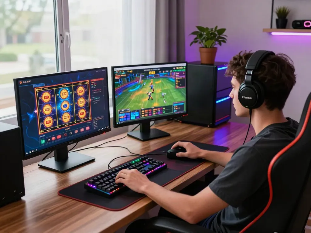 Player engaged in thrilling online gaming at https://five88bet.org/ with vibrant screens and a stylish setup.