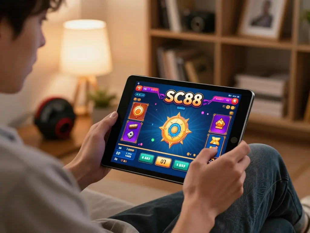 Player engaging with SC88 casino app on a tablet while enjoying a cozy home setting.