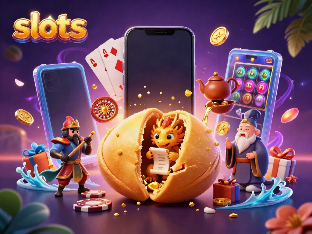 Experience thrilling slots gameplay with a dynamic scene featuring a golden fortune cookie and casino elements!