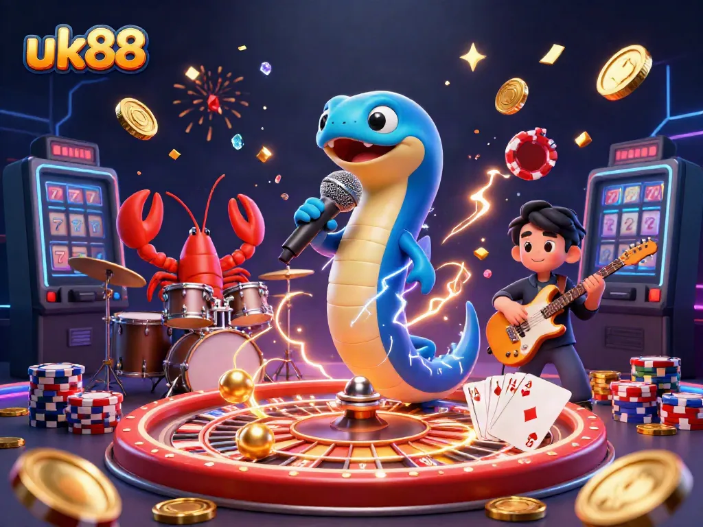 Experience the vibrant underwater casino scene with uk88's electric eel DJ, golden coins, and colorful poker chips.