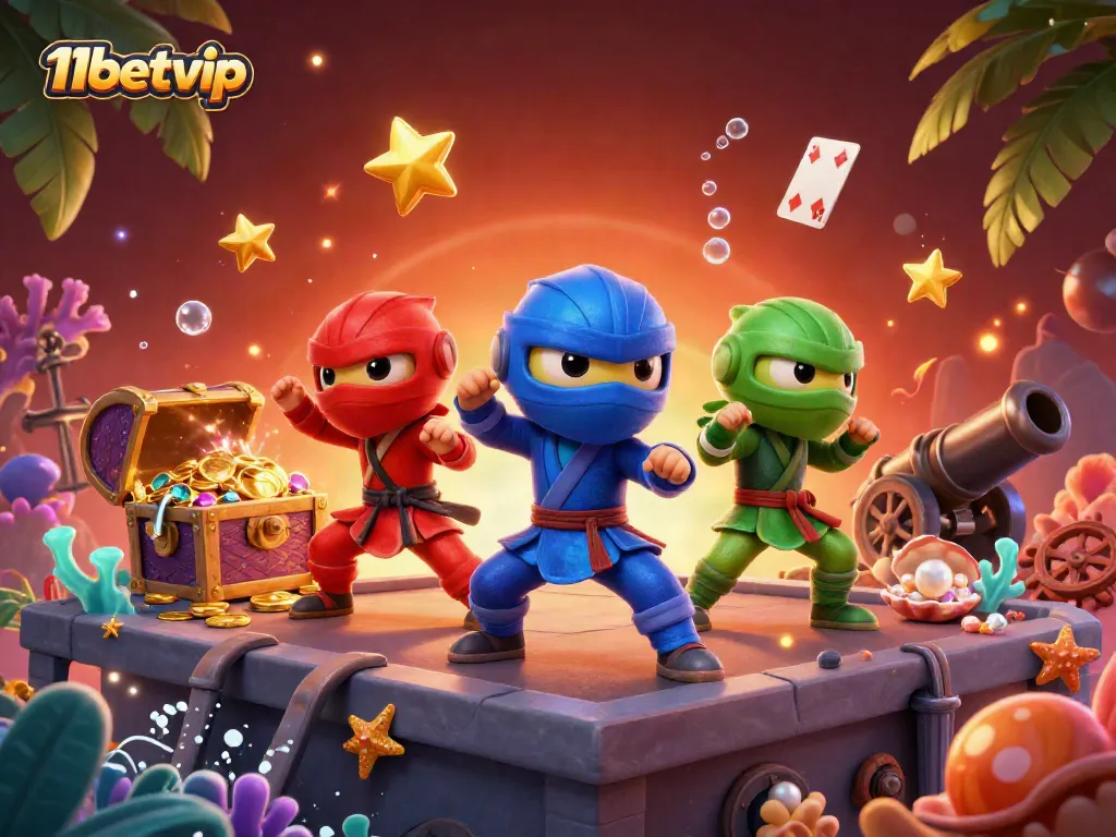 Engage in thrilling action with the 11betvip chameleon ninja team amidst a vibrant casino treasure scene.