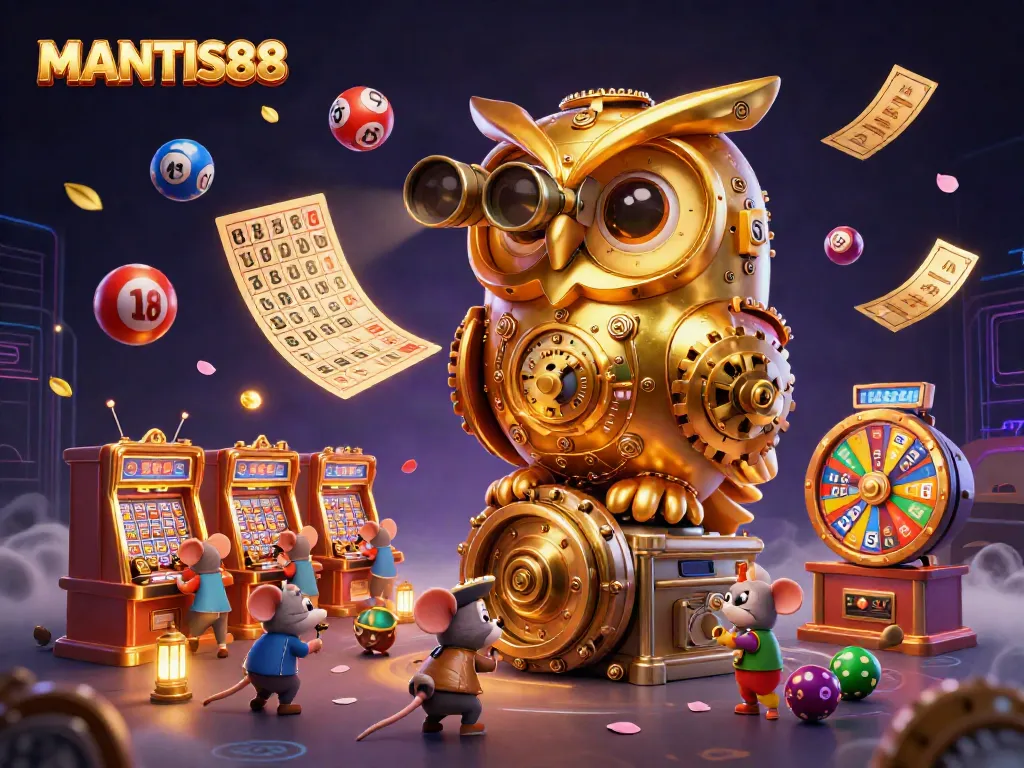 MANTIS88 showcases a whimsical 3D golden owl scanning a vibrant casino scene filled with dynamic gaming elements.
