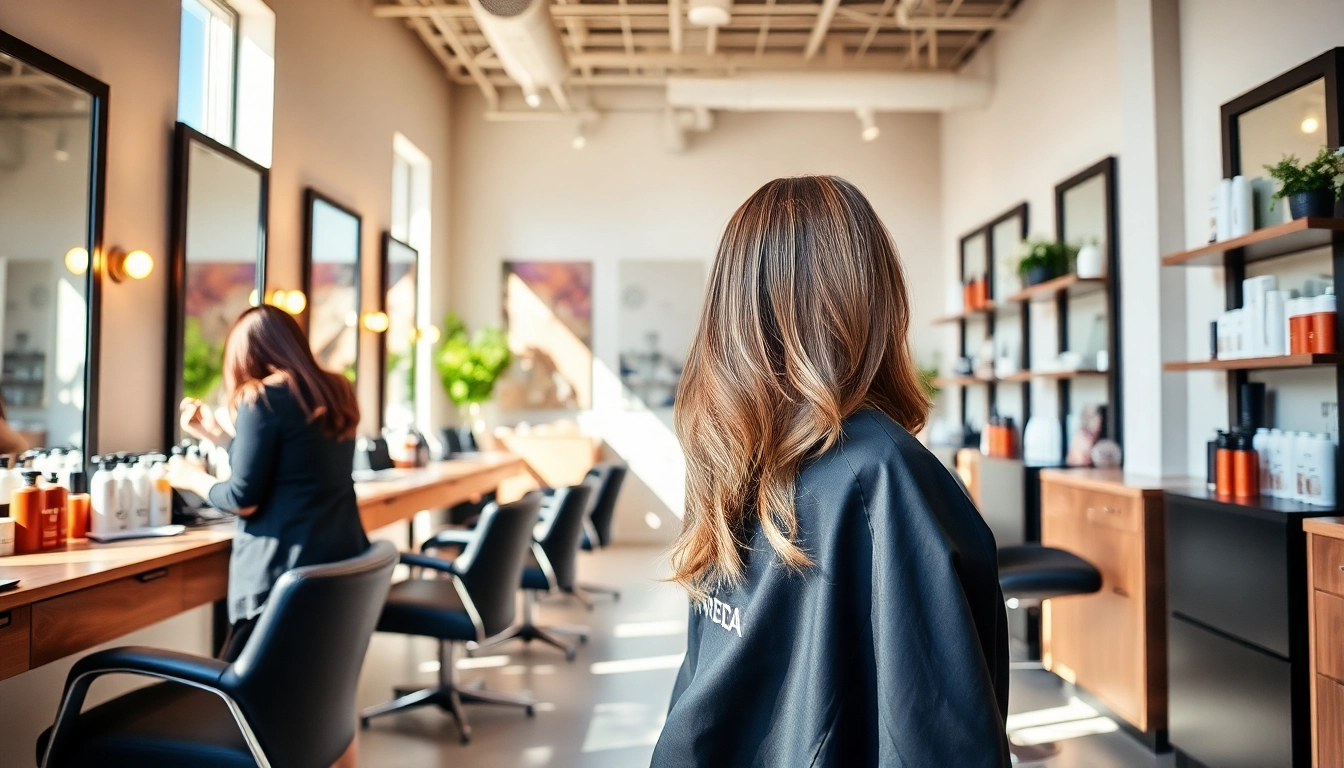 Stylish hair salon in San Diego featuring Aveda products and skilled stylists at work, ideal for first-time clients.