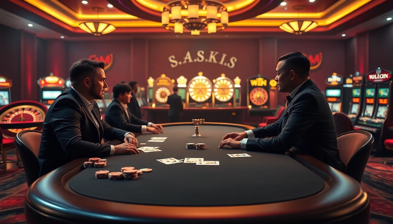 Kèo nhà cái 5 highlights a high-stakes poker game with chips and cards in a luxurious casino setting.