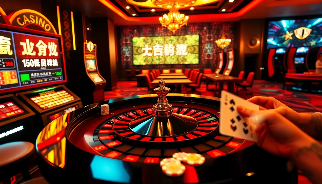 A lively online gambling scene featuring壹發娛樂 with vibrant roulette and slot machines, capturing the thrill of casino games.