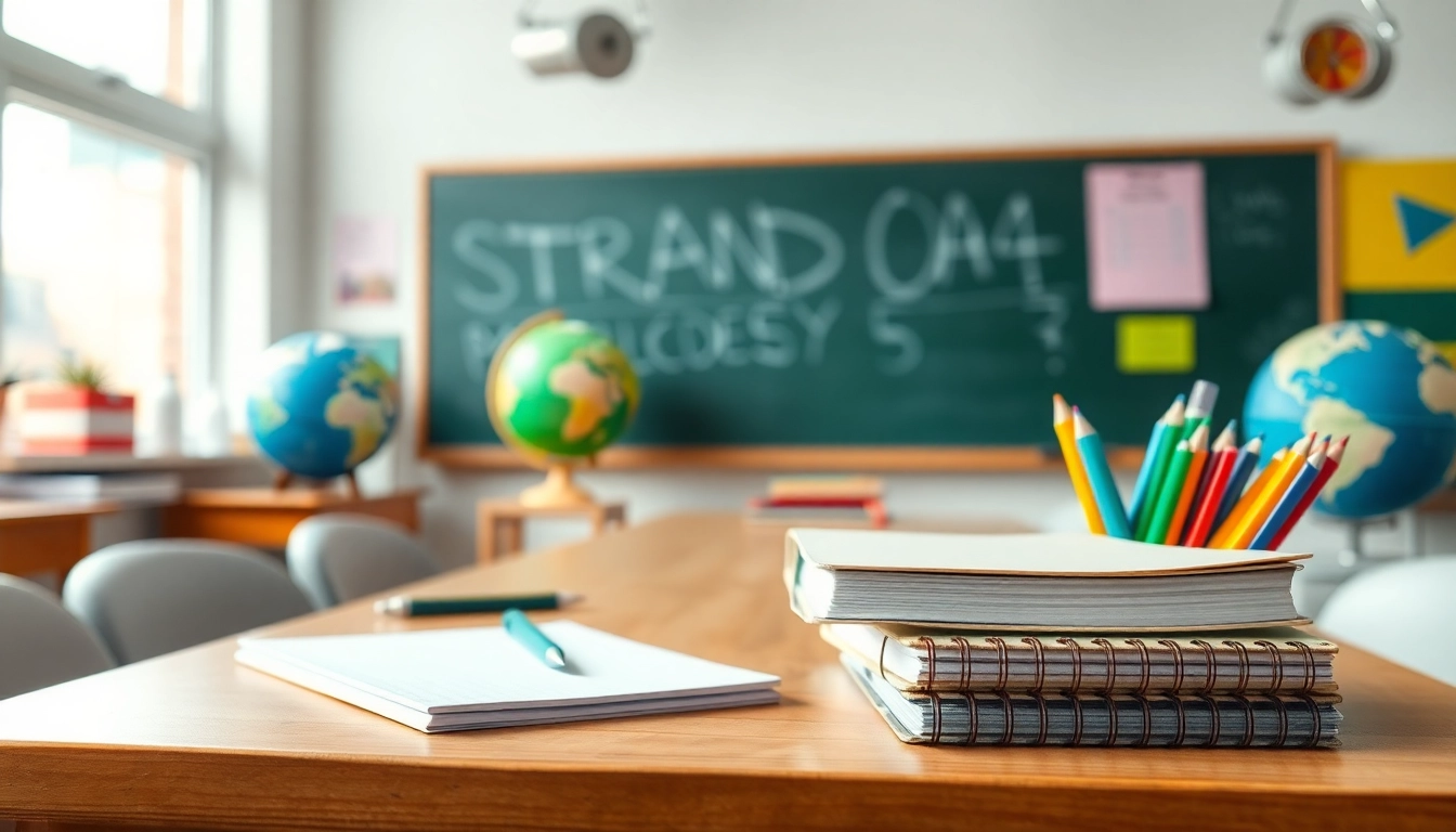 Handytasche Klassenzimmer auf einem Schreibtisch zwischen Schulmaterialien.