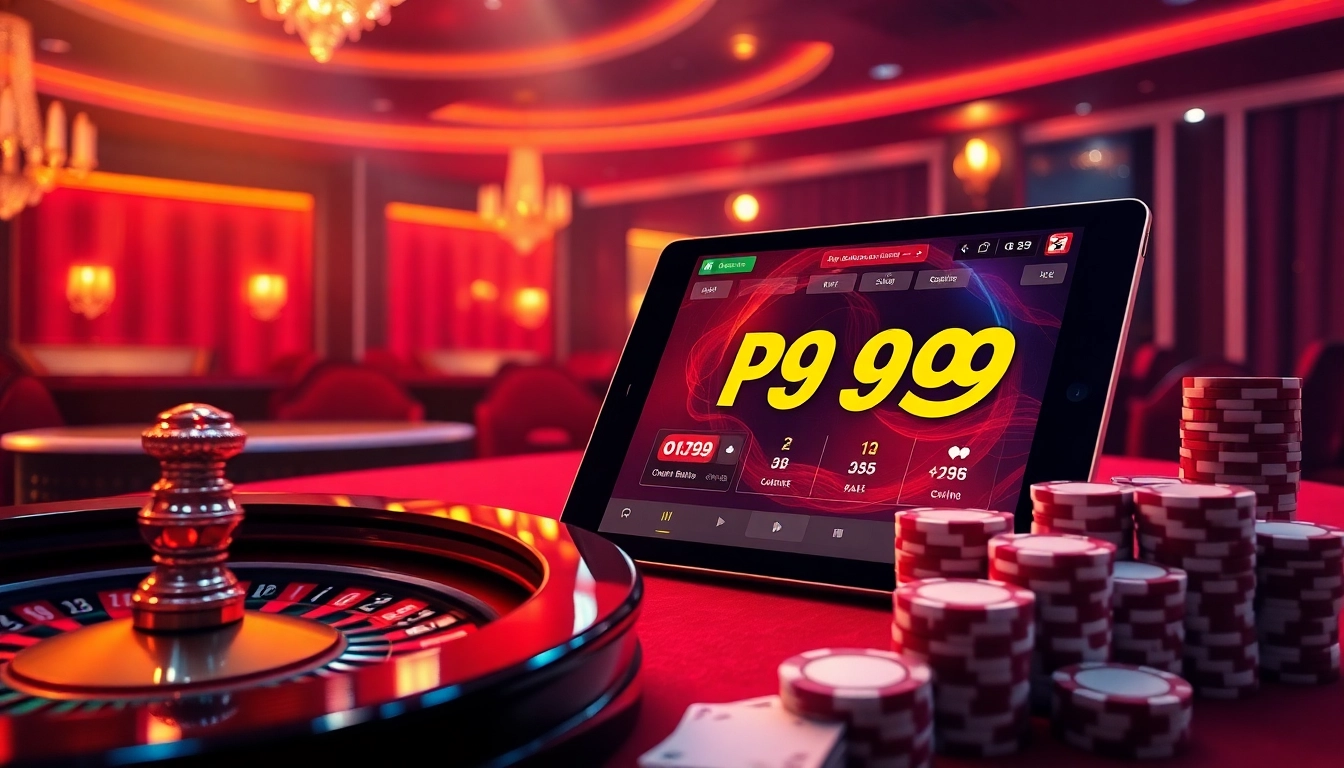 Experience the thrill of PS 99 online gambling with a dynamic casino scene featuring roulette and poker chips.