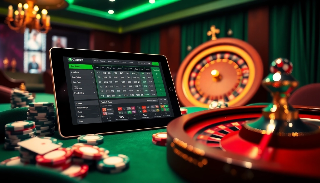 A dynamic online gambling scene featuring the crickex com betting platform with poker chips and roulette wheel, evoking excitement.