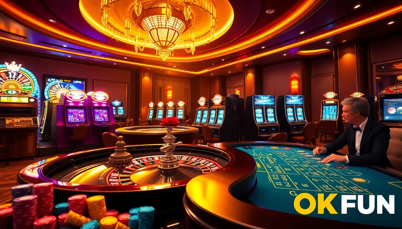 Exciting casino atmosphere showcasing thrilling gameplay at OK FUN with roulette and poker.