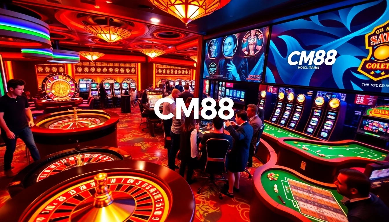 Exciting gambling scene with CM88 logo surrounded by roulette, poker tables, and slot machines.