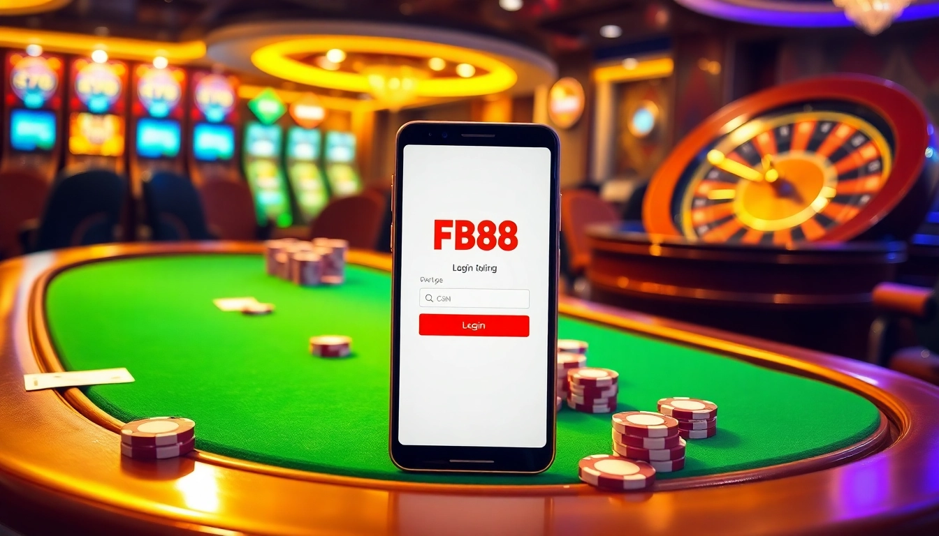 Log in to FB88 with a vibrant casino atmosphere and engaging gaming visuals.