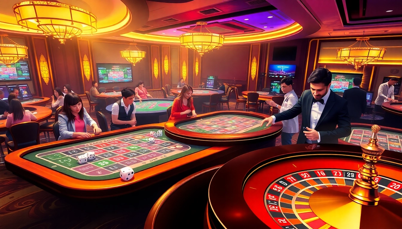 Sbobet link alternatif showcasing vibrant online gambling tables, dice, and roulette wheels in an exciting casino setting.