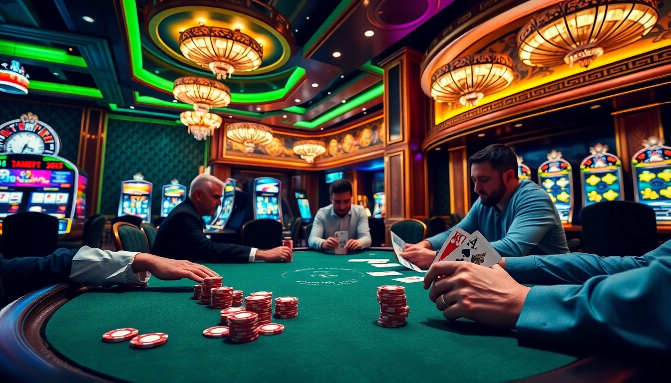 Players enjoying a thrilling poker game at 8kbet with vibrant casino decor and high stakes.