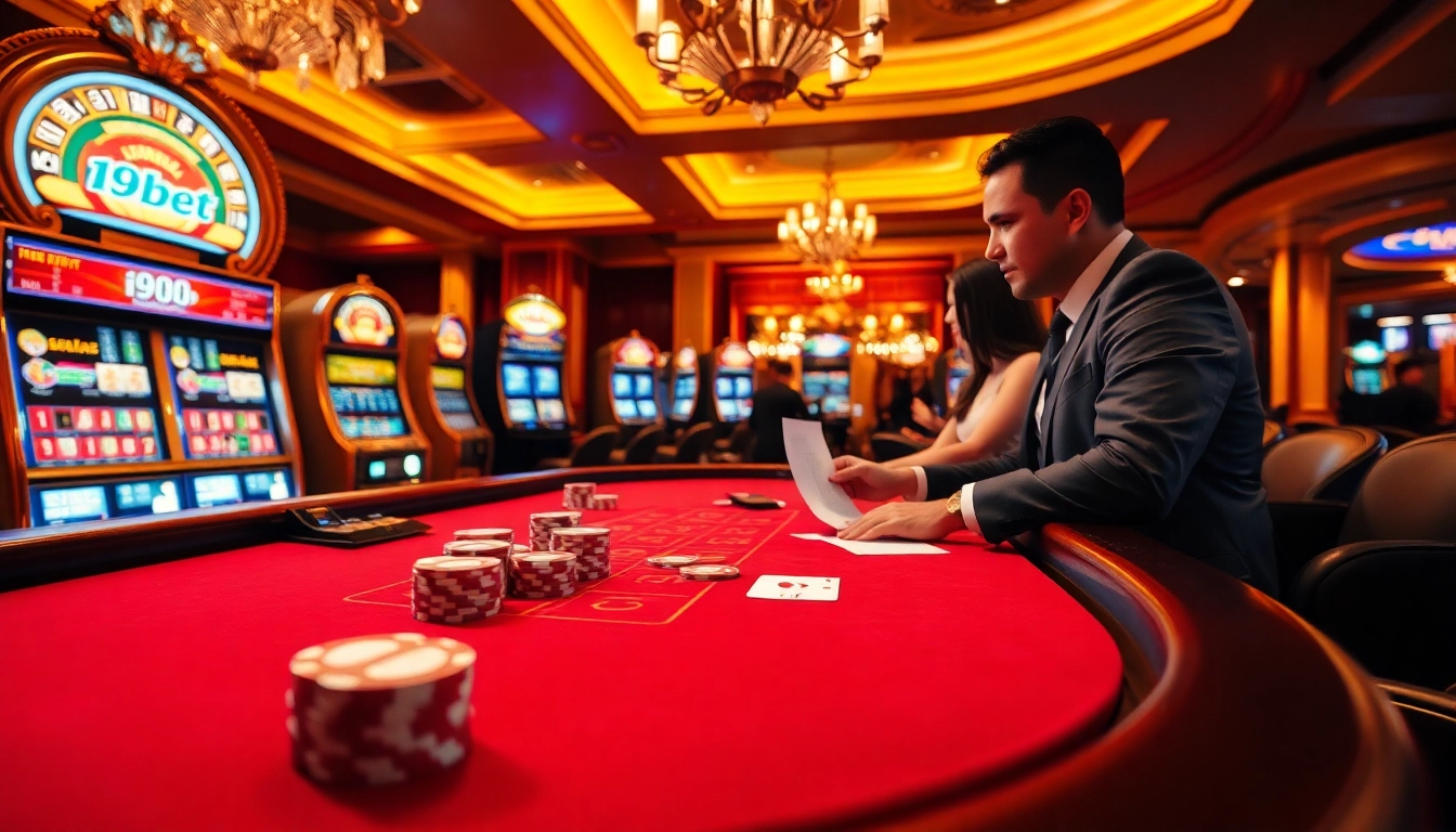 Players enjoying premium games at i9bet's luxurious online casino, featuring vibrant roulette wheels and poker tables.