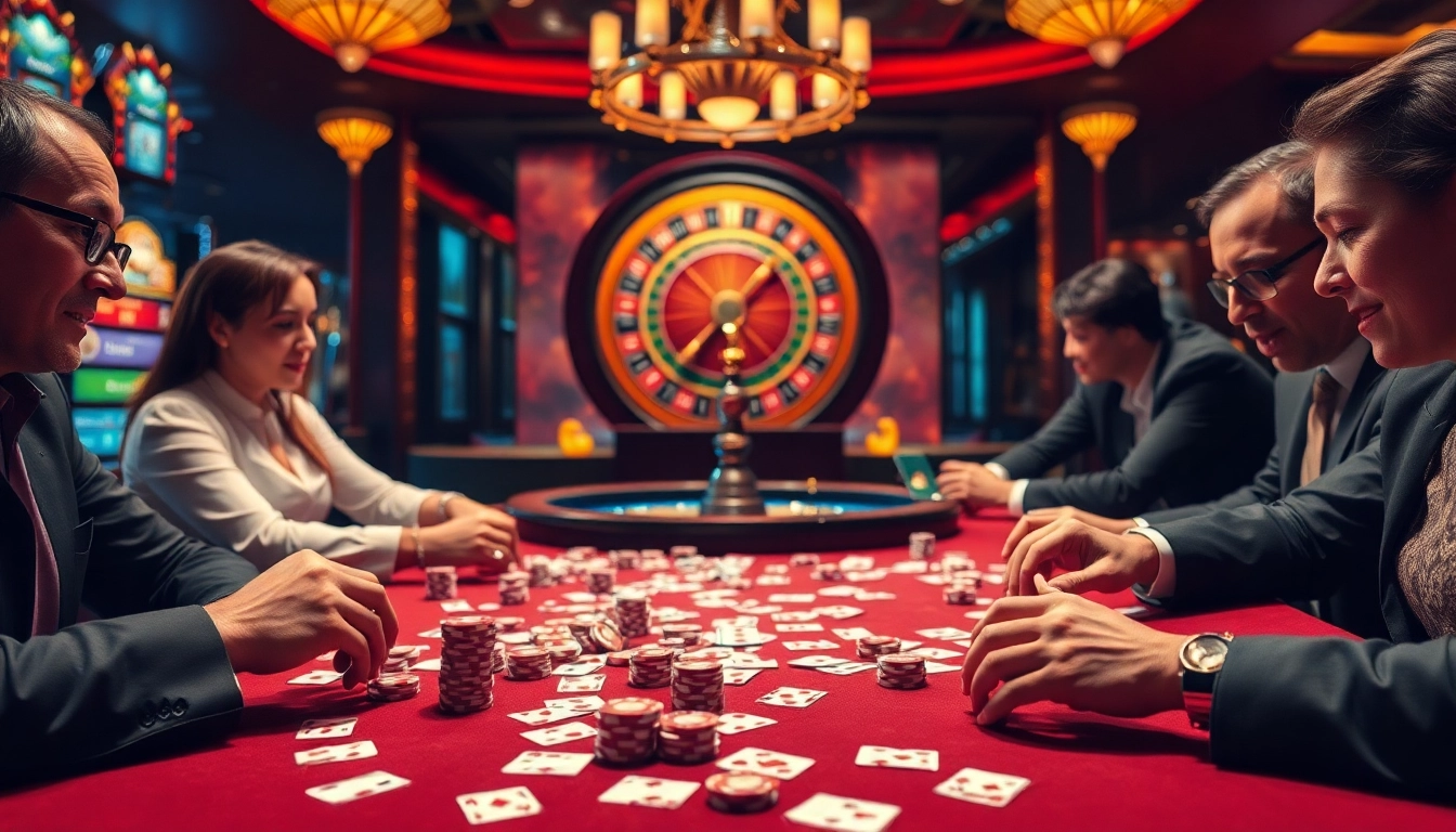 Players enjoying thrilling games at 8k8's luxurious casino setup featuring poker tables and slot machines.